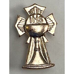 VTG 7/8" Goldtone IHS Catholic First Communion Cross Chalice Lapel PIN Hong Kong
